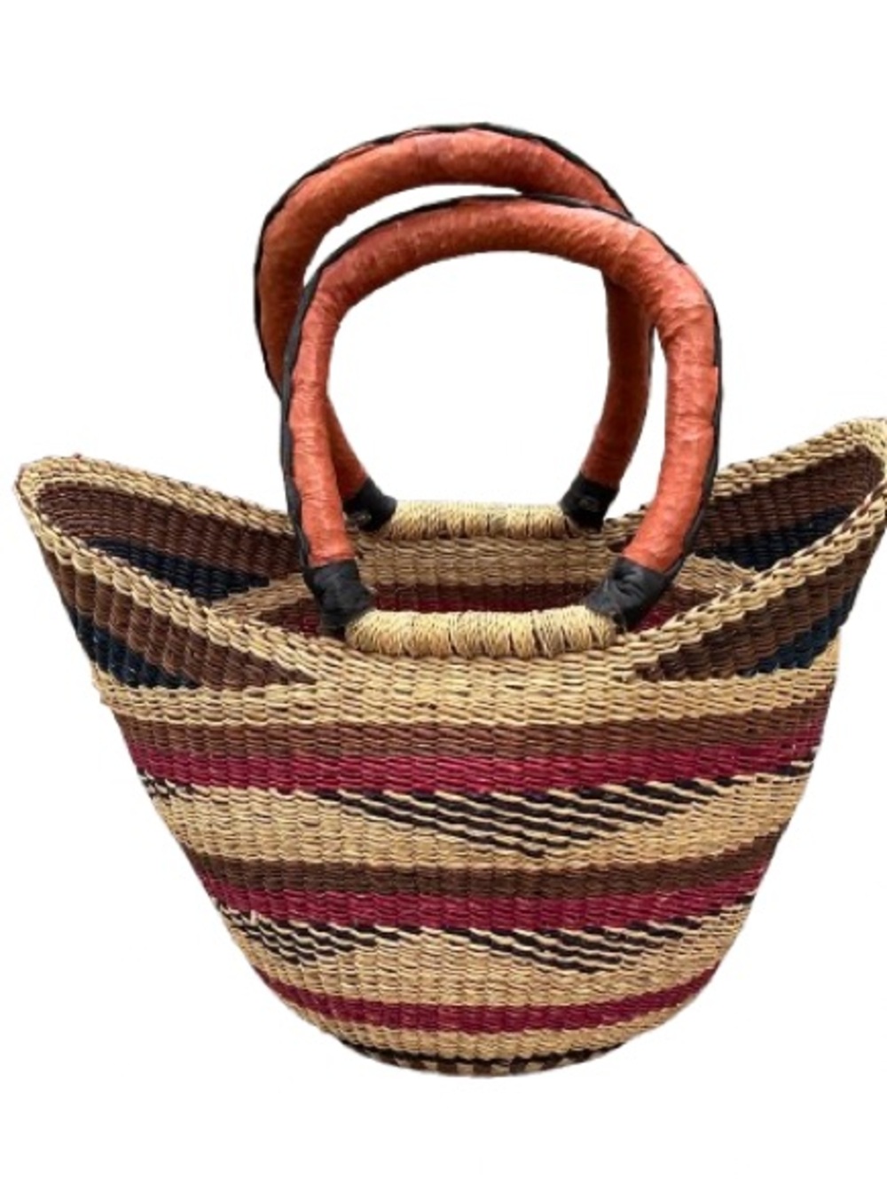 Handwoven Small U Shopper Basket with Leather Handles